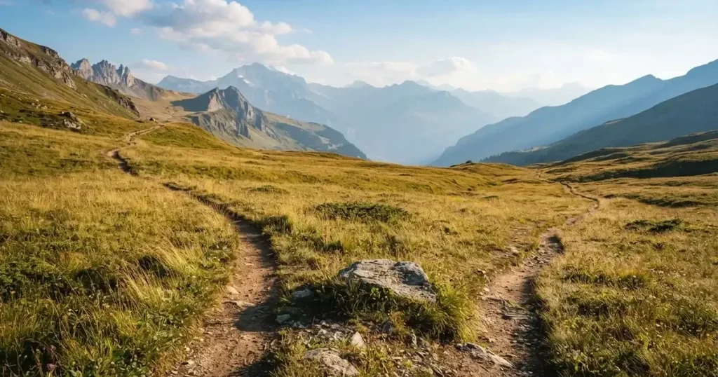 Zwei Wanderwege gabeln sich auf einer Wiese, dahinter steht eine Bergkette im Dunst