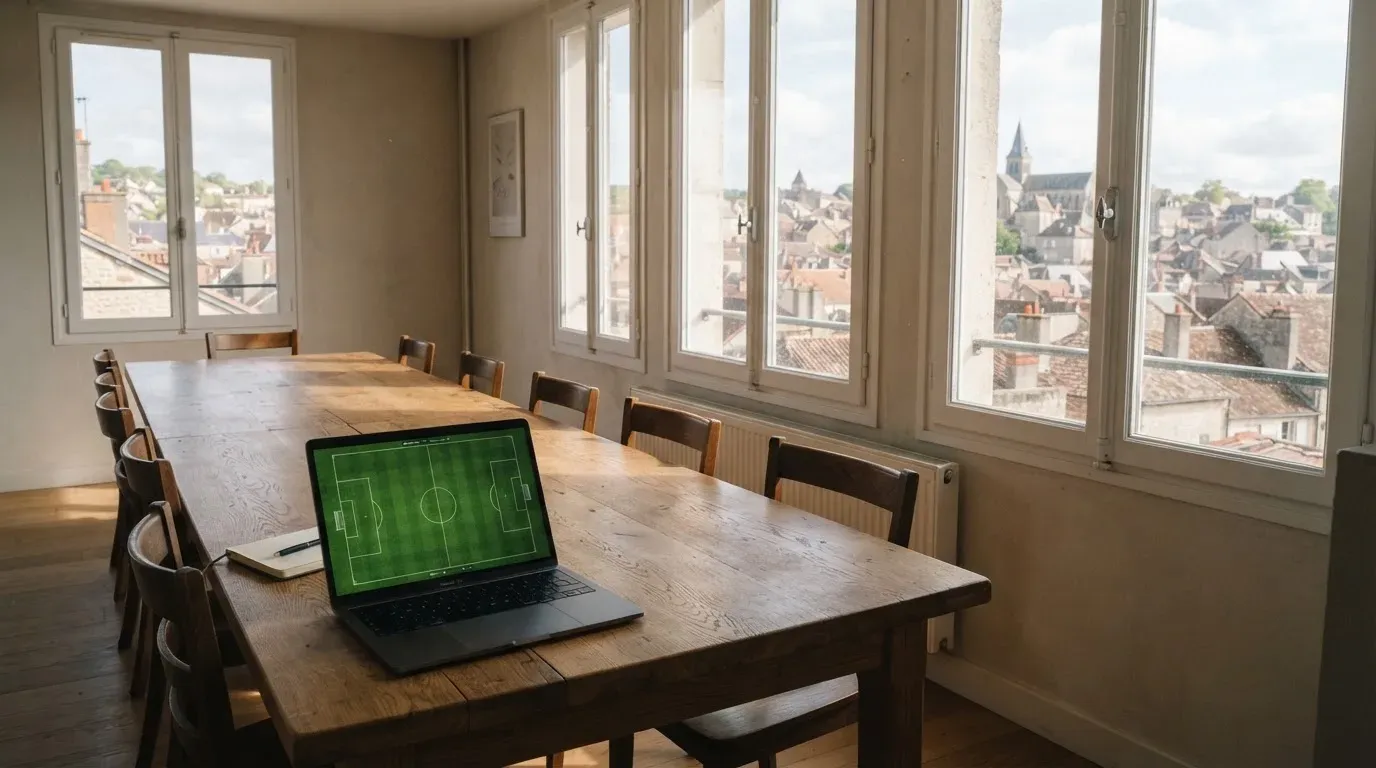 Ein langer Holztisch mit leeren Stühlen in einem hellen Raum, die Fenster geben den Blick auf Dächer frei