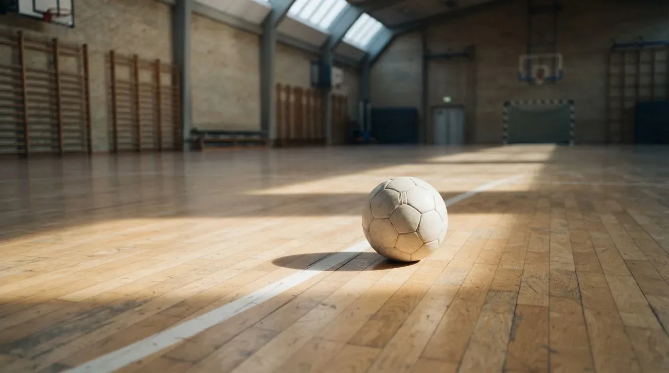 Ein Handball liegt auf dem Hallenboden einer leeren Sporthalle, Streifen von Licht aus den Oberlichtern