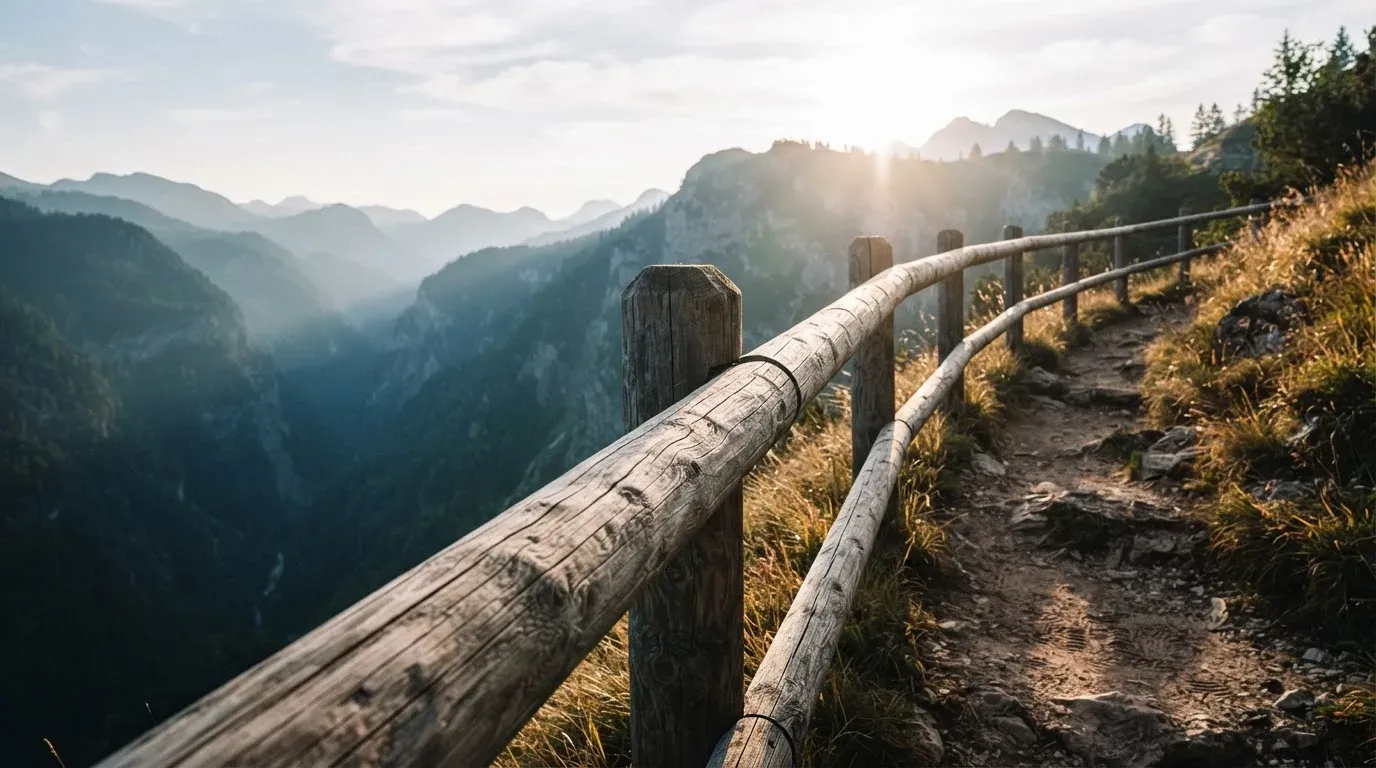 Ein stabiles Holzgeländer am Rand eines Wanderwegs über einer Schlucht, Gegenlicht über den Hängen