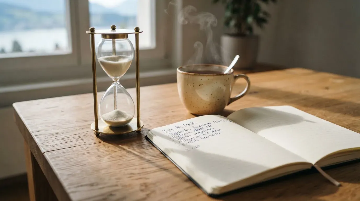 Eine Sanduhr steht neben einem Notizbuch mit handschriftlichen Notizen auf einem Holztisch, daneben dampft eine Tasse Tee.