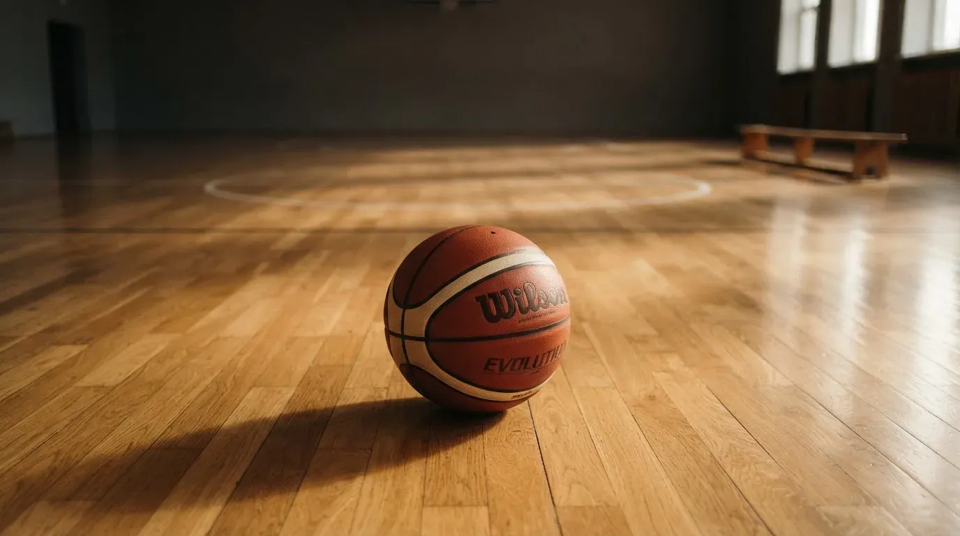 Ein Basketball ruht auf dem polierten Parkett einer leeren Halle, Nachmittagslicht fällt durch hohe Fenster.