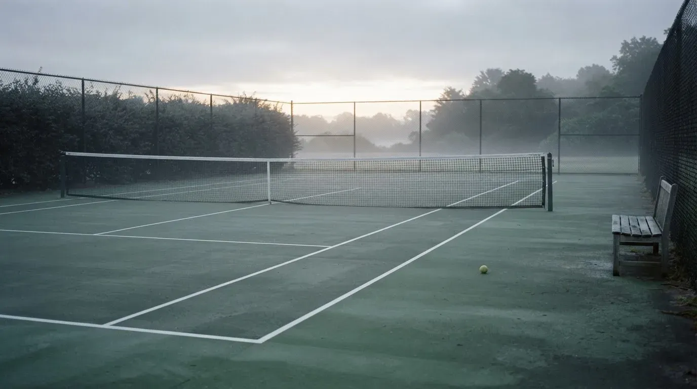 Ein gepflegter Tennisplatz im Morgengrauen, über der Grundlinie hängt leichter Nebel und die Bänke am Rand sind leer.