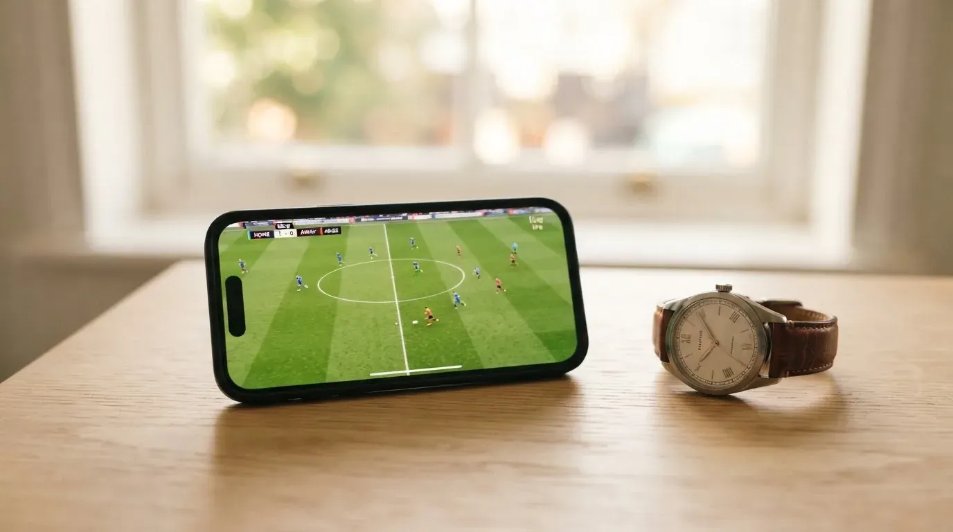 Ein Smartphone liegt mit dem Display nach unten auf einem Tisch neben einer Armbanduhr, im Hintergrund ein unscharfes Fenster.