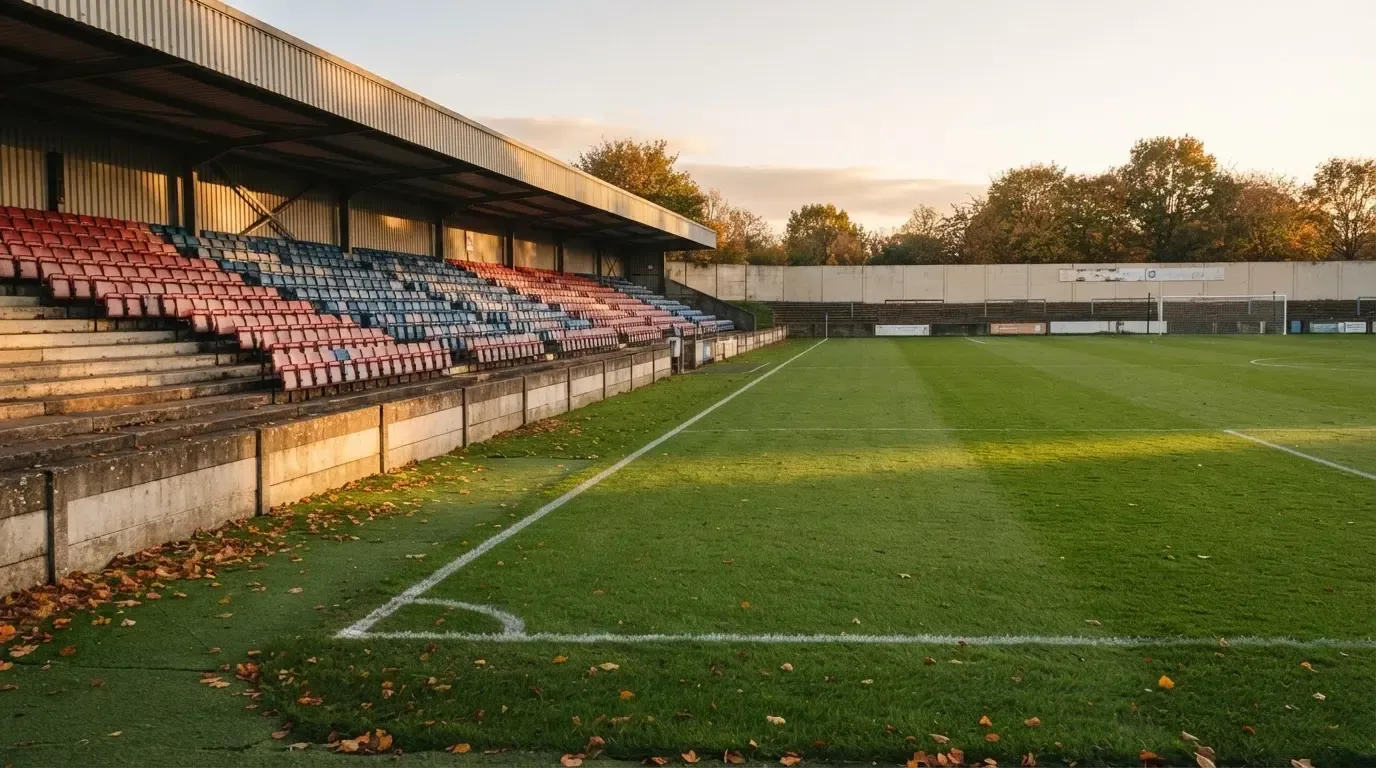 Leere Zuschauerränge eines kleinen Stadions im Herbstlicht, davor ein Rasenplatz mit frisch gezogenen Linien.