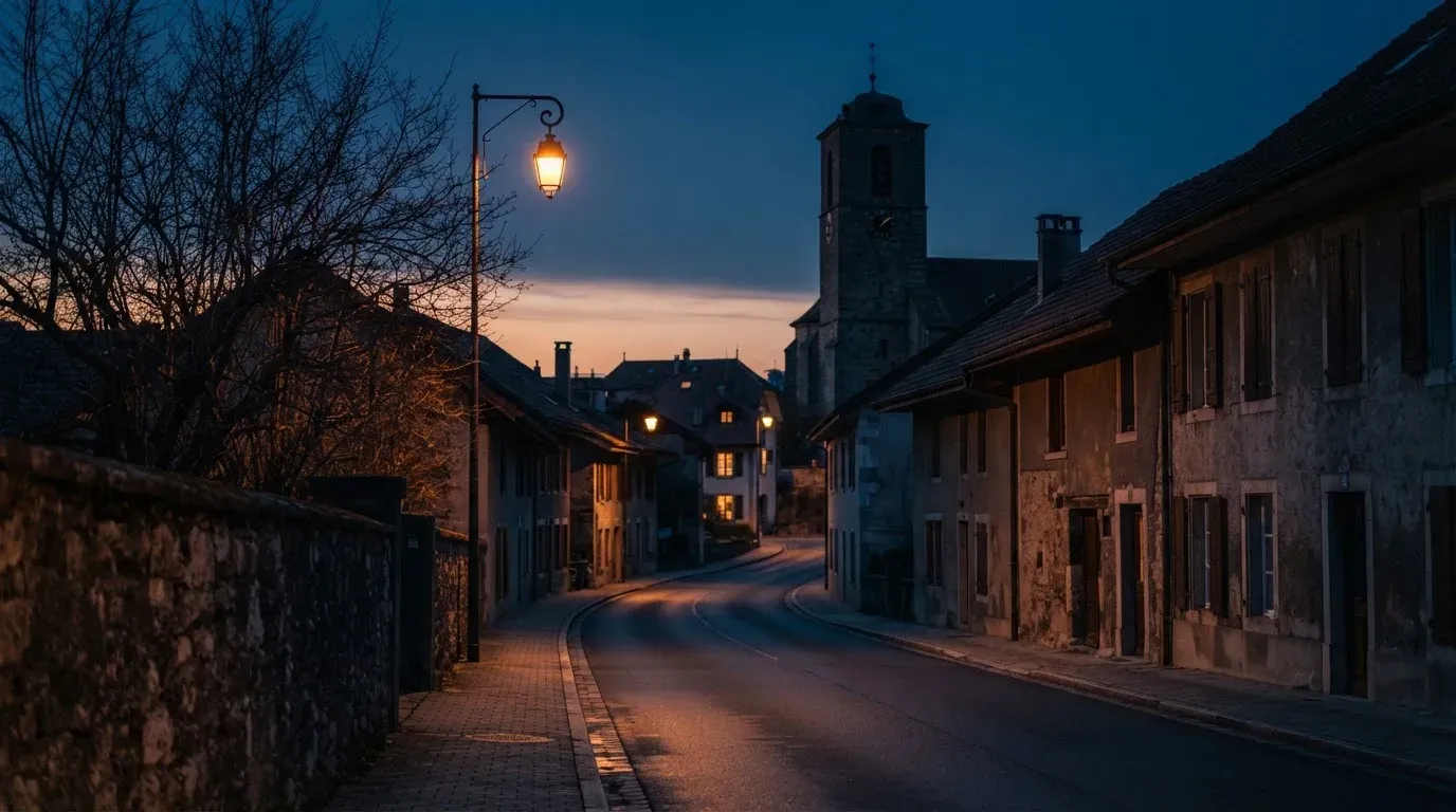 Eine ruhige Dorfstrasse in der Dämmerung mit einer brennenden Strassenlaterne und einem Kirchturm im Hintergrund.