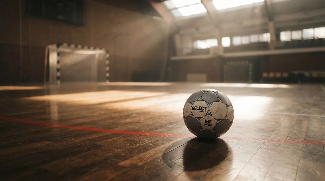 Ein Handball liegt am Rand des Torraums in einer leeren Sporthalle, Licht fällt durch Oberlichter auf den Hallenboden.