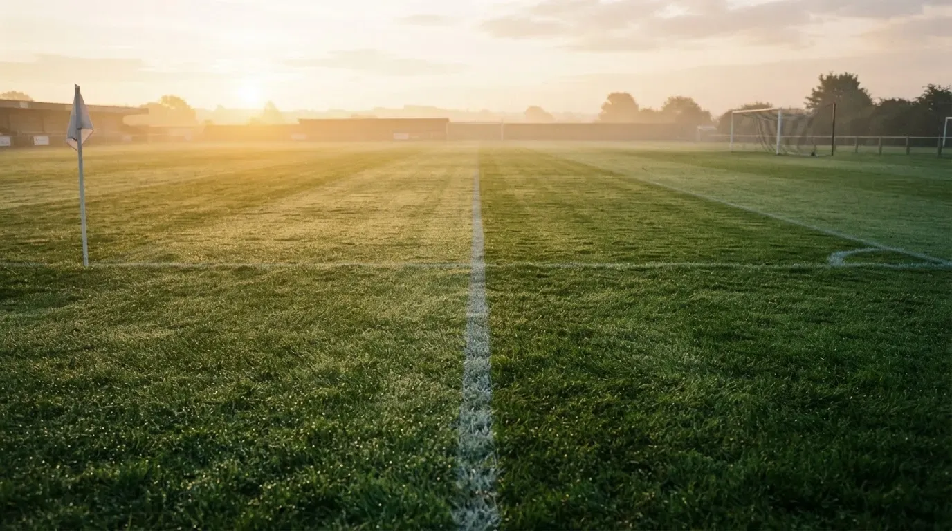 Ein Rasenspielfeld bei Sonnenaufgang, die Mittellinie verläuft quer durchs Bild und Tau glitzert auf dem Gras.