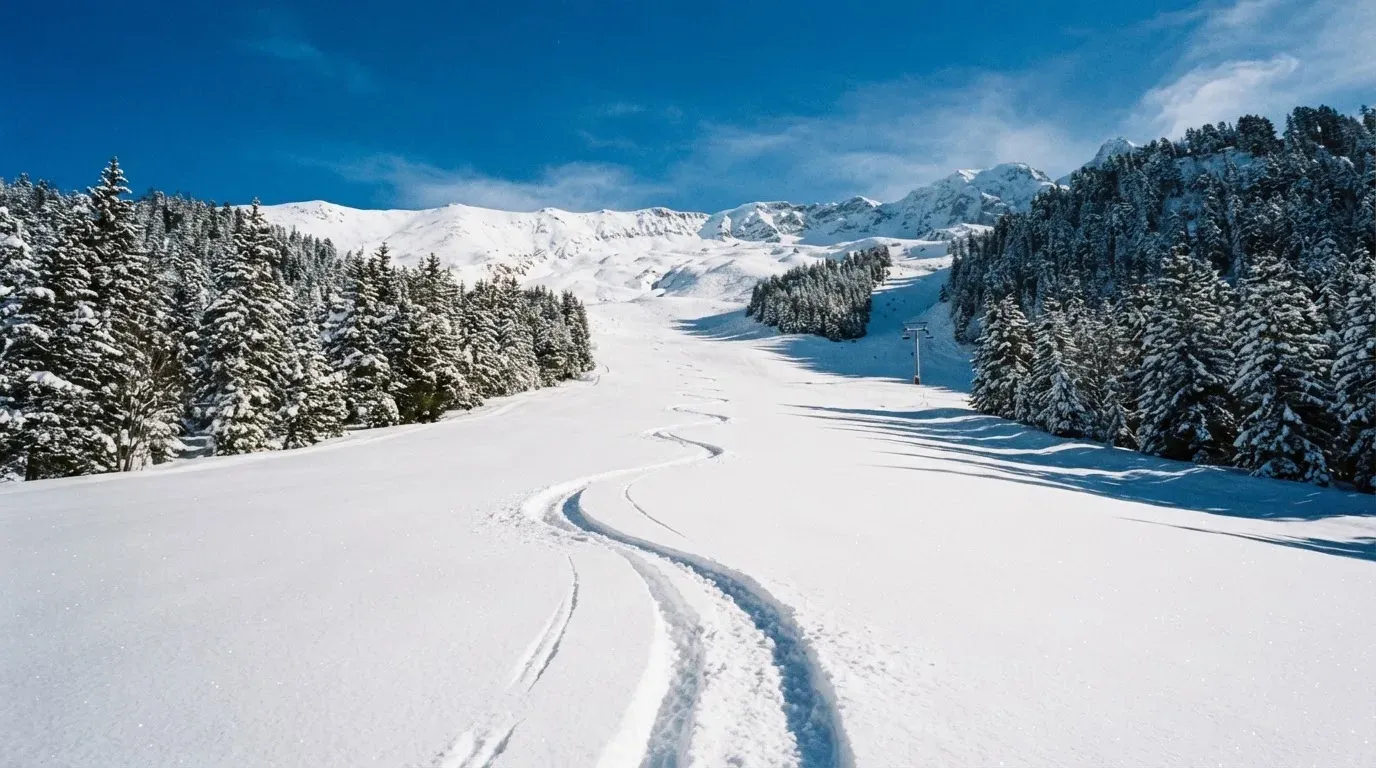 Ein Skihang mit frischen Spuren im Neuschnee unter blauem Himmel, am Rand stehen verschneite Tannen.