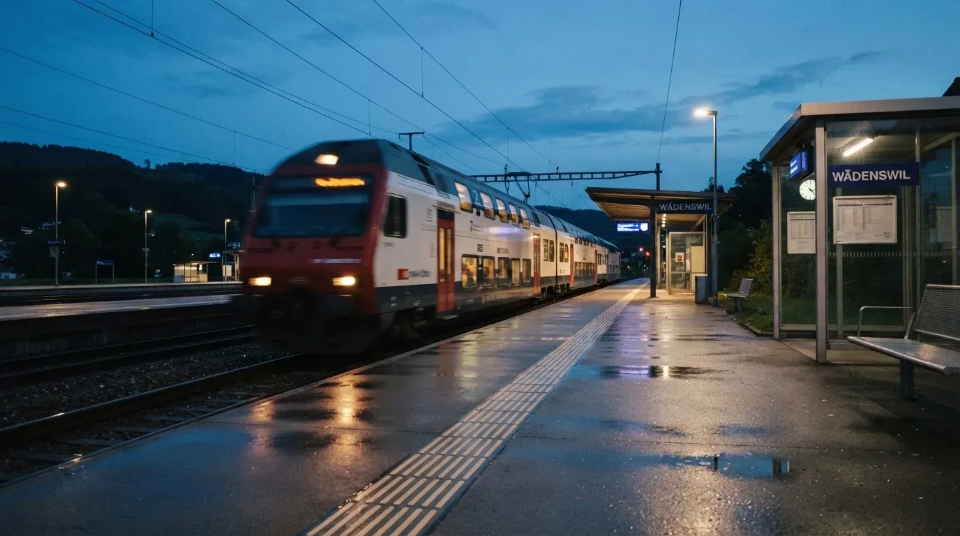Ein Bahnsteig in der Abenddämmerung, ein Regionalzug fährt unscharf ein und Lichter spiegeln sich auf dem nassen Beton.