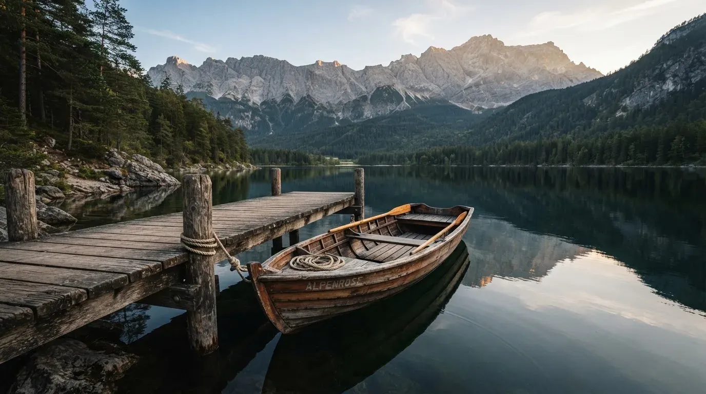 Ein schmales Ruderboot liegt an einem hölzernen Steg an einem Bergsee, dahinter steigen steile Felswände auf.