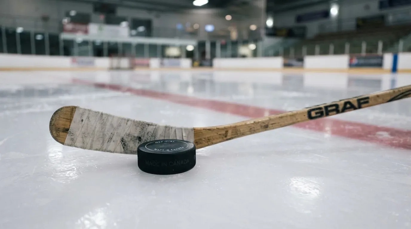 Ein Eishockeypuck und ein Schläger liegen auf einer glänzenden Eisfläche, im Hintergrund verschwimmen leere Banden.