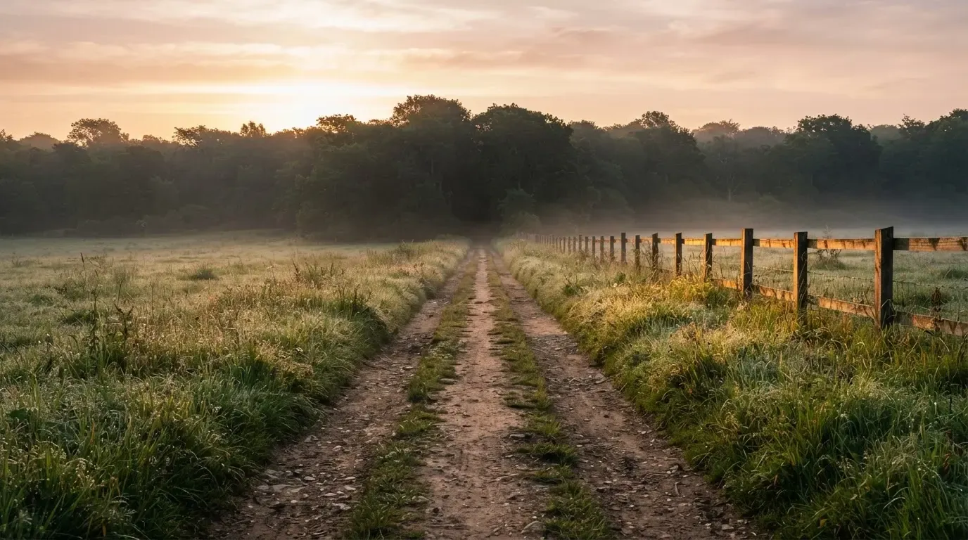 Ein Feldweg führt bei Sonnenaufgang zwischen Wiesen auf ein Waldstück zu.