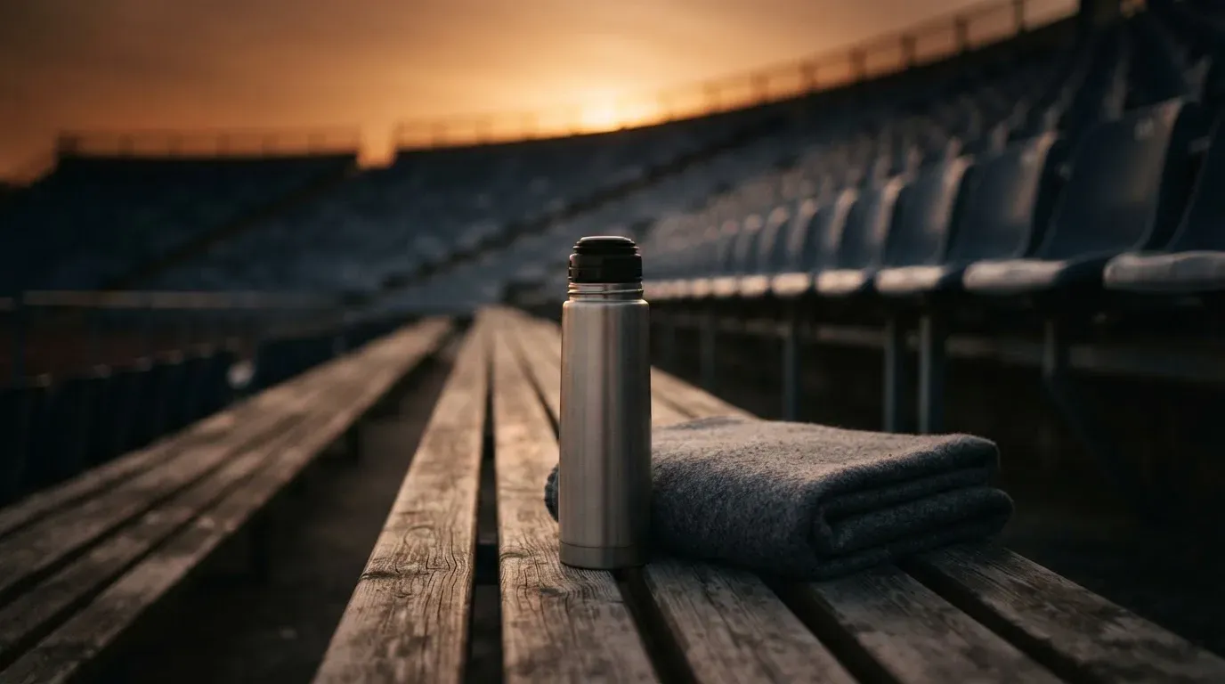 Eine Thermoskanne und eine zusammengelegte Wolldecke stehen auf einer leeren Stadionbank, die Sonne geht hinter den Rängen unter.