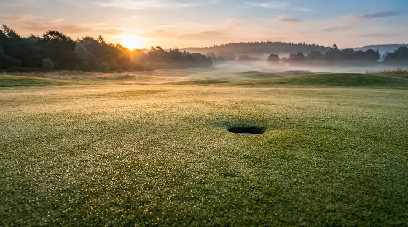 Ein Golfgrün bei Sonnenaufgang mit Tau auf dem Rasen, die Fahnenstange fehlt und im Hintergrund ziehen Nebelschwaden.