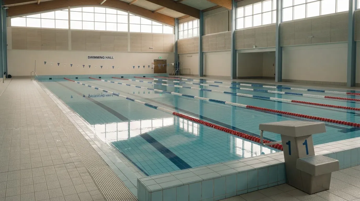 Eine ruhige Schwimmhalle mit glattem Wasser im Becken und gespannten Bahnleinen, Licht fällt durch hohe Fenster.
