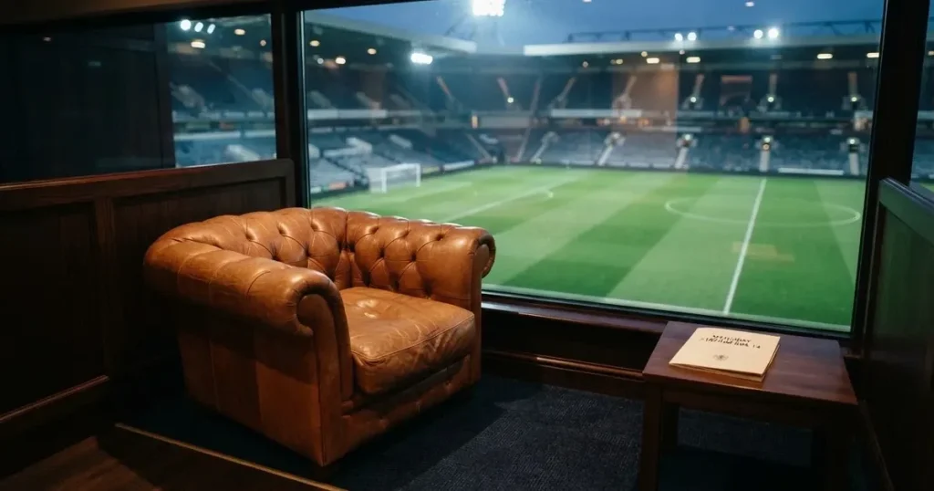 Ein leerer Ledersessel steht in einer Stadionloge mit Blick auf das Spielfeld im Abendlicht.