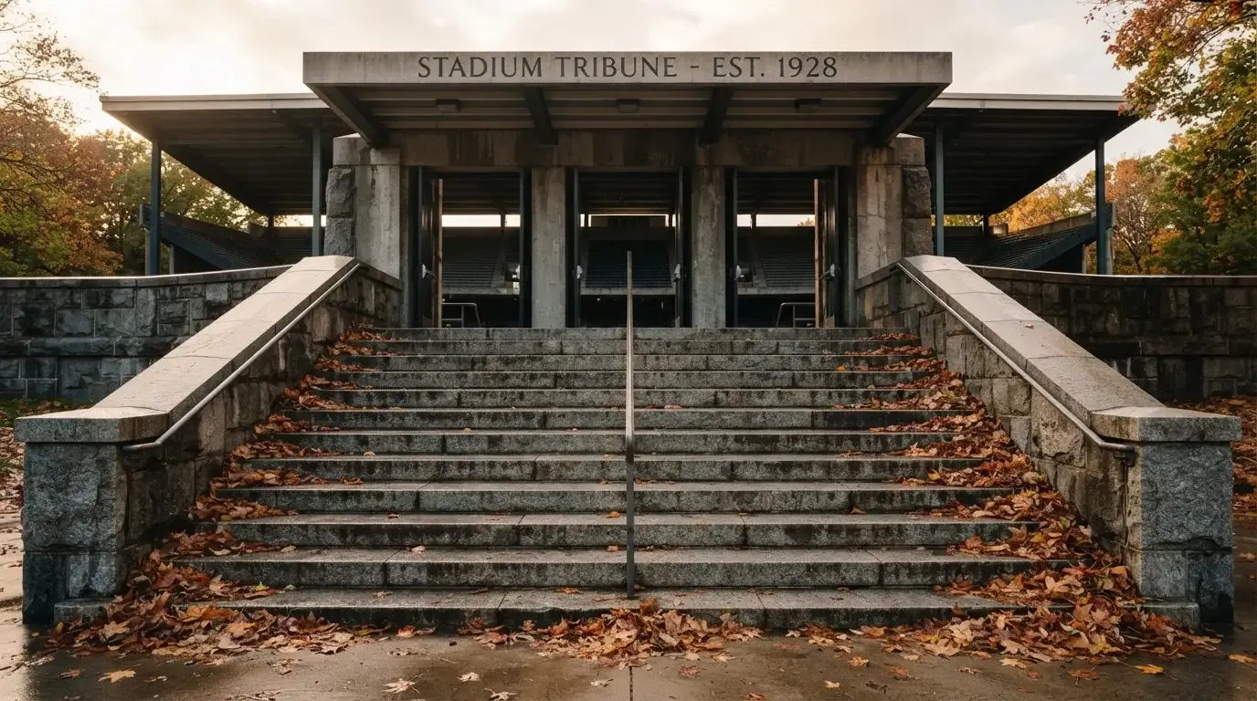 Eine breite Steintreppe führt zum Eingang einer Tribüne, Herbstlaub liegt auf den Stufen.