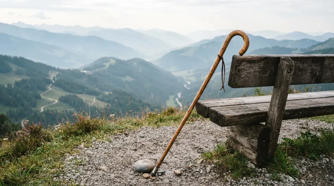 Ein Wanderstock lehnt an einer Holzbank auf einem Aussichtspunkt, dahinter breitet sich ein Tal im Dunst aus.