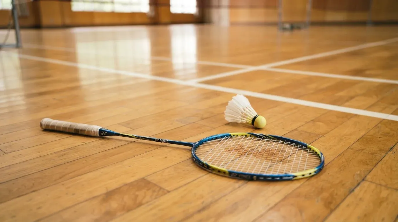 Ein Badmintonschläger liegt neben einem Federball auf dem hellen Hallenboden eines leeren Spielfelds.