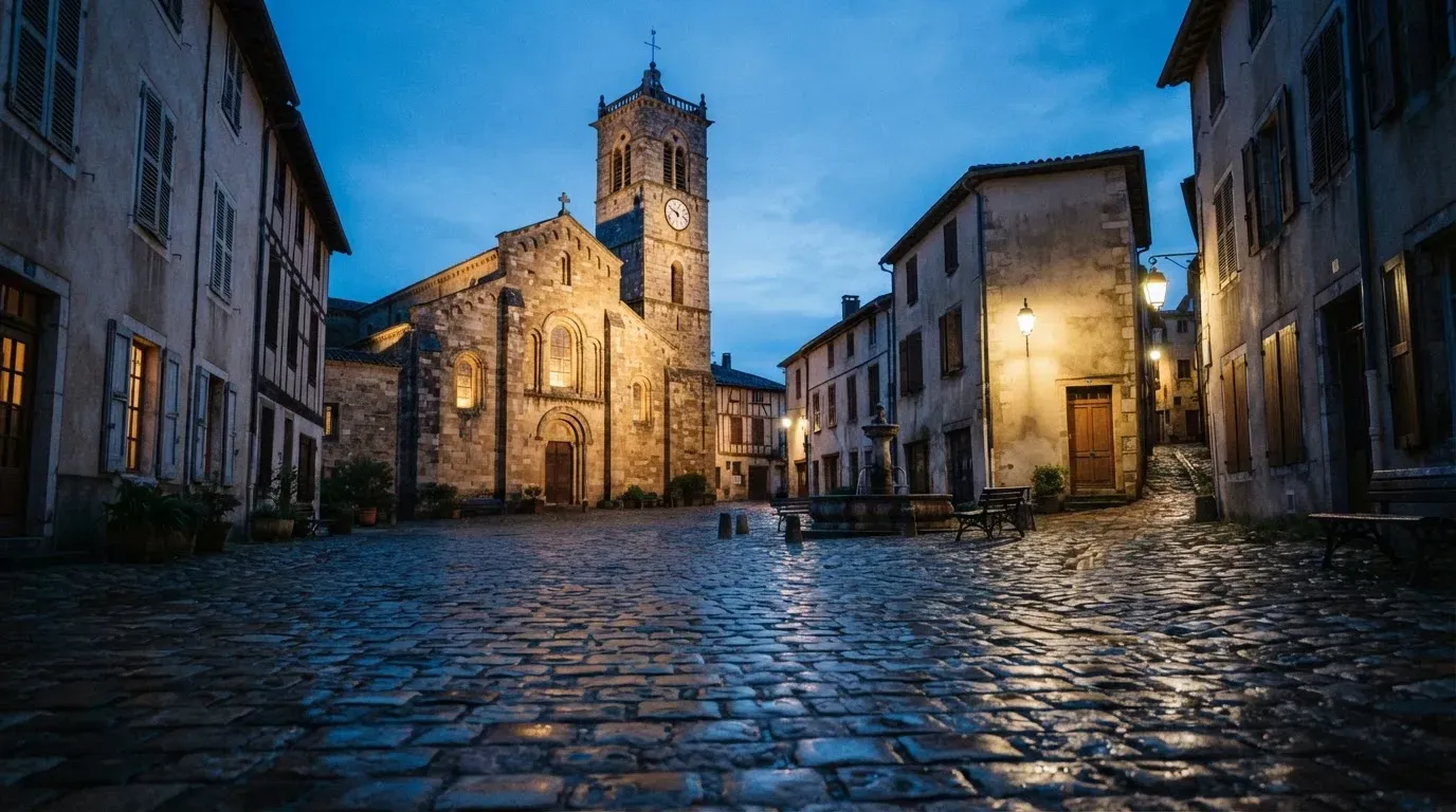 Ein Kopfsteinpflasterplatz vor einer Kirche in einer Altstadt am Abend, warme Fensterlichter und menschenleere Gassen.