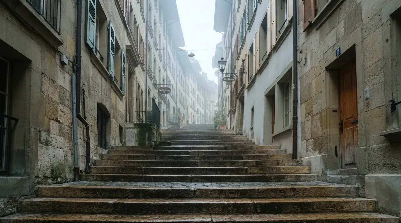 Eine breite Sandsteintreppe in einer Berner Altstadtgasse am frühen Morgen, niemand zu sehen, weiches Licht und leichter Nebel.