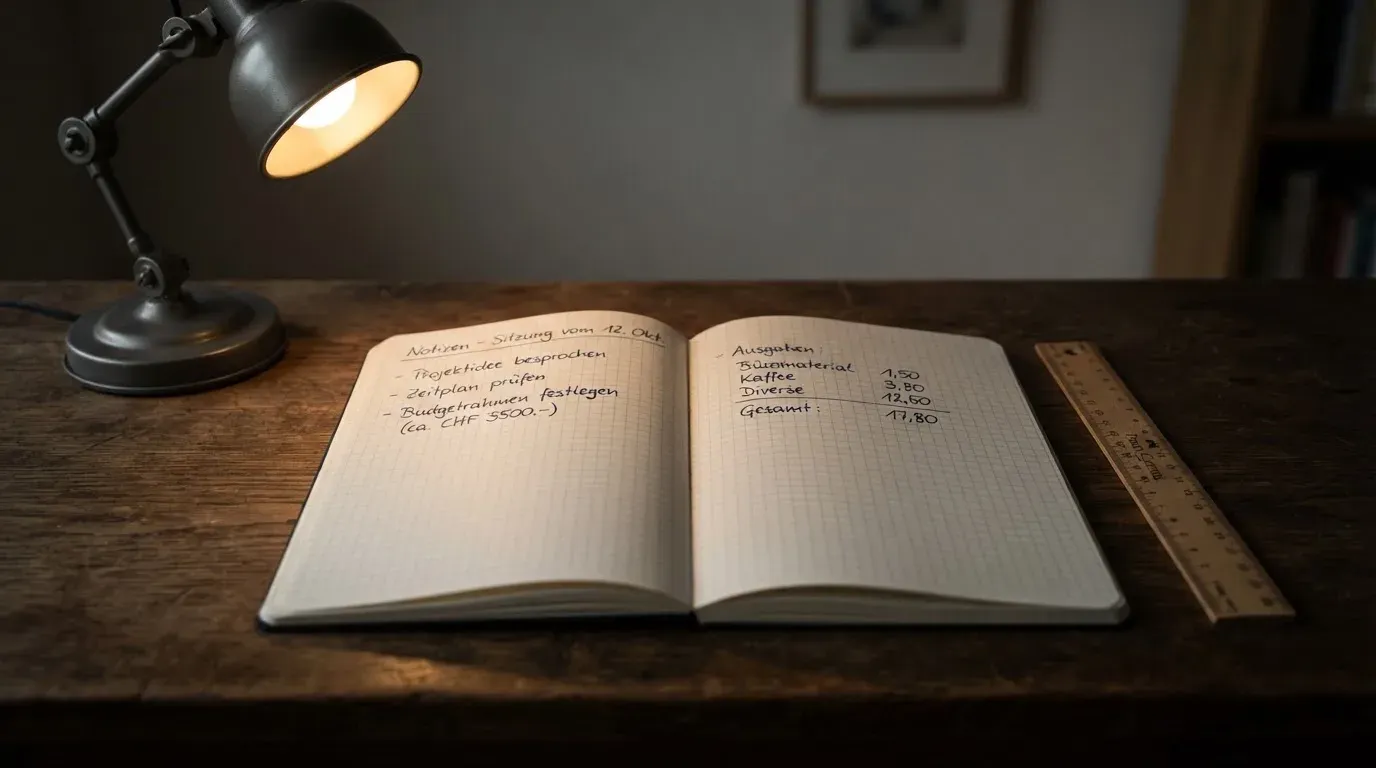 Eine Schreibtischlampe beleuchtet ein kariertes Heft mit handschriftlichen Skizzen, daneben liegt ein Lineal aus Holz.