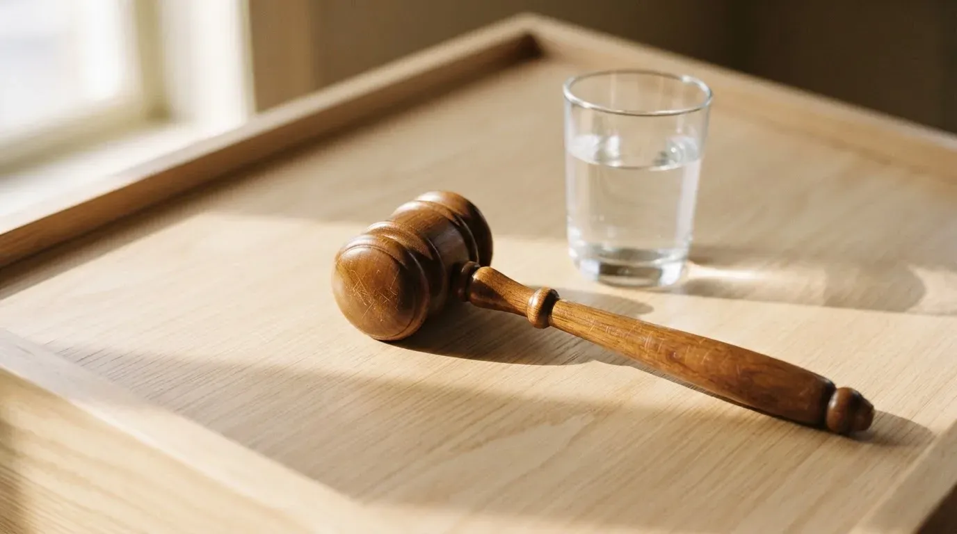 Ein hölzerner Richterhammer liegt auf einem hellen Pult, daneben steht ein Glas Wasser.