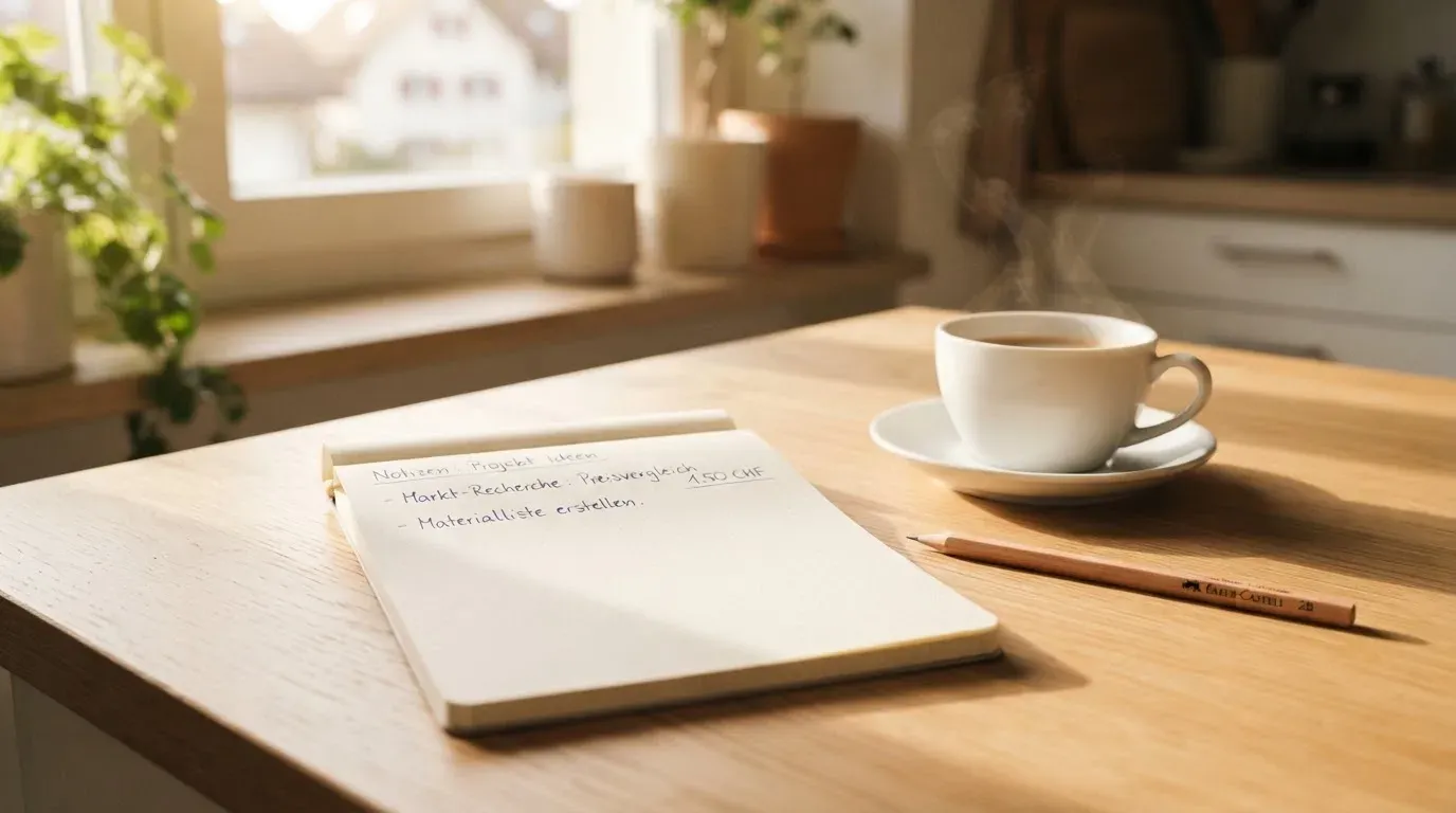 Eine Tasse Kaffee und ein Bleistift liegen auf einem sonnenbeschienenen Küchentisch neben einem leeren Notizblock.