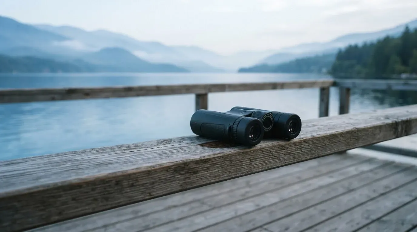 Ein Fernglas liegt auf dem Geländer einer Aussichtsplattform über einem See, dahinter flache Hügel im Dunst.