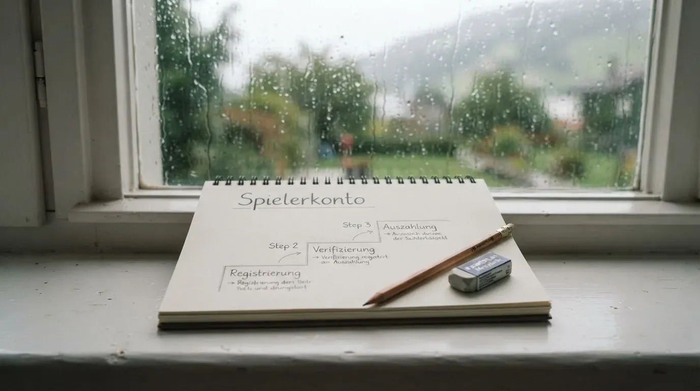 Ein Zeichenblock mit einem Bleistift und einem Radiergummi liegt auf einem Fensterbrett, draussen fällt Regen.