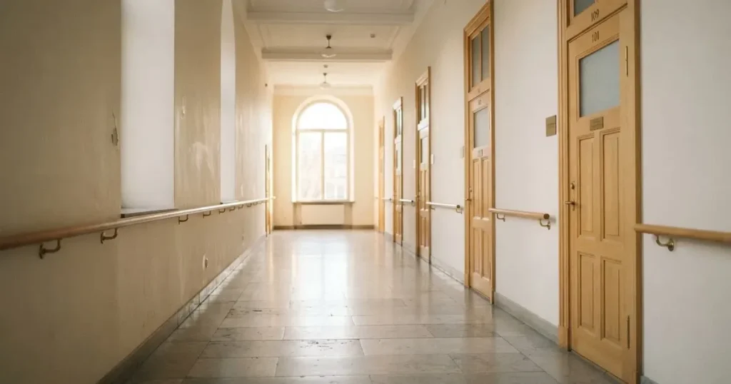 Ein langer Flur mit Holztüren und hellem Boden in einem ruhigen Verwaltungsgebäude, am Ende fällt Tageslicht durch ein Fenster.