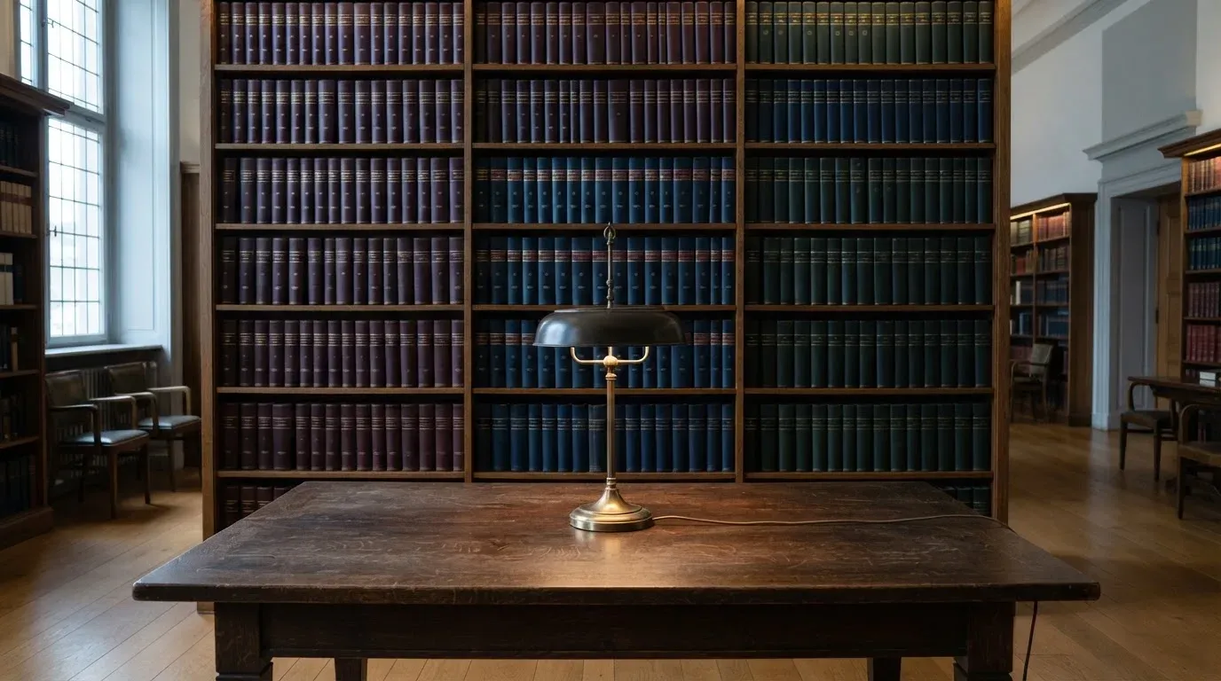 Ein Bücherregal mit ledergebundenen Bänden in dunklen Farben in einer stillen Bibliothek, davor ein Lesetisch.