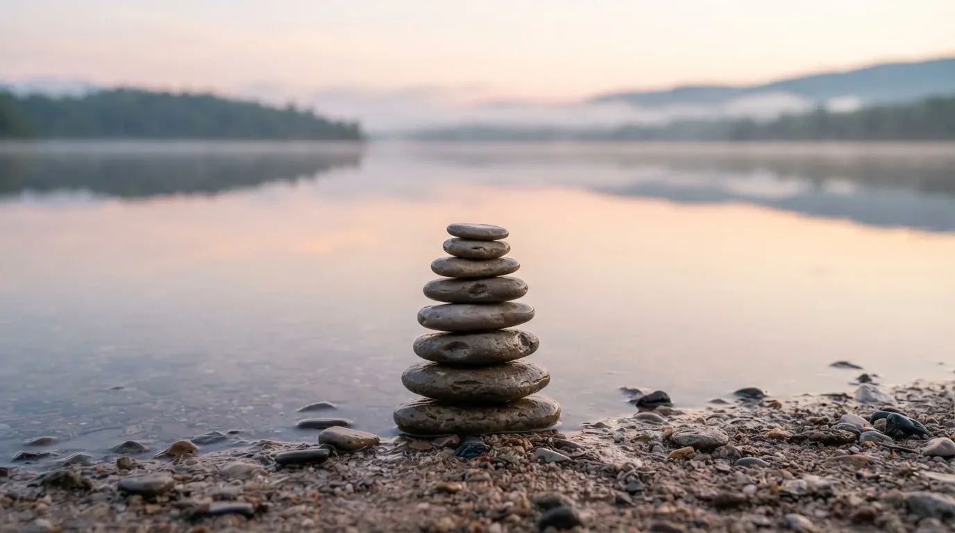 Ein Stapel flacher Kieselsteine liegt am Seeufer in der Morgendämmerung, das Wasser ist spiegelglatt.