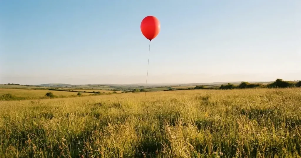 Ein roter Luftballon schwebt an einer dünnen Schnur über einer Sommerwiese, der Himmel dahinter ist klar.