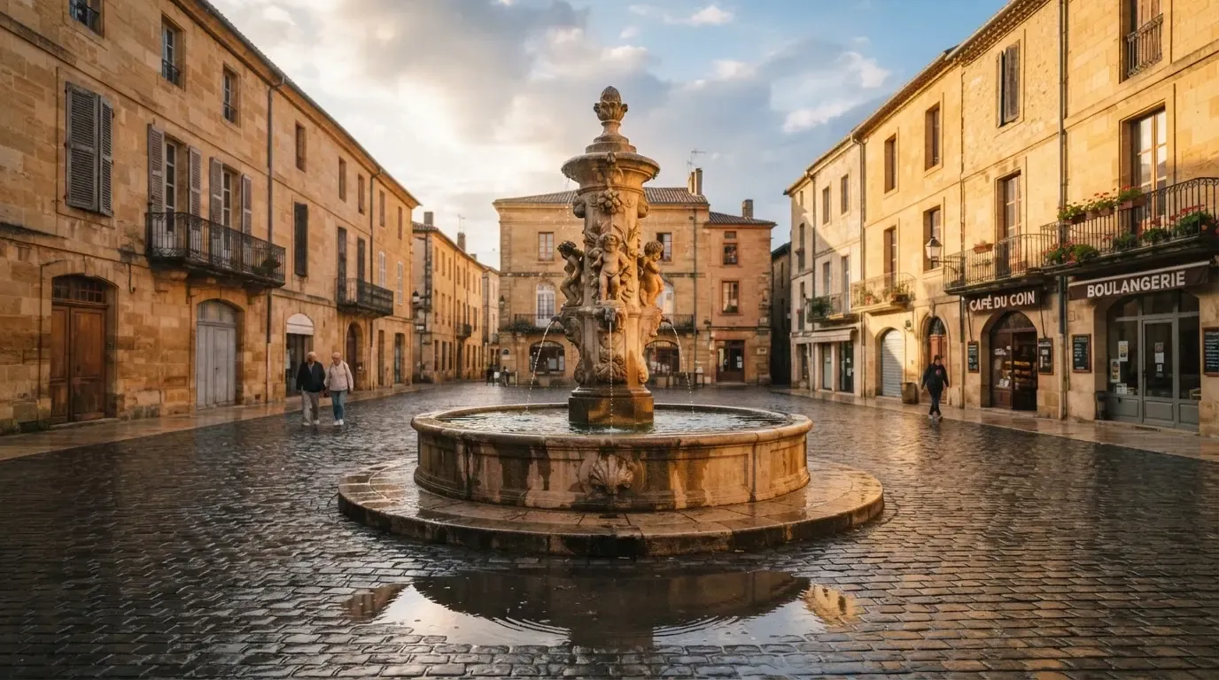 Ein Brunnen auf einem Altstadtplatz zwischen Sandsteinfassaden, nasses Kopfsteinpflaster nach einem Regenschauer.