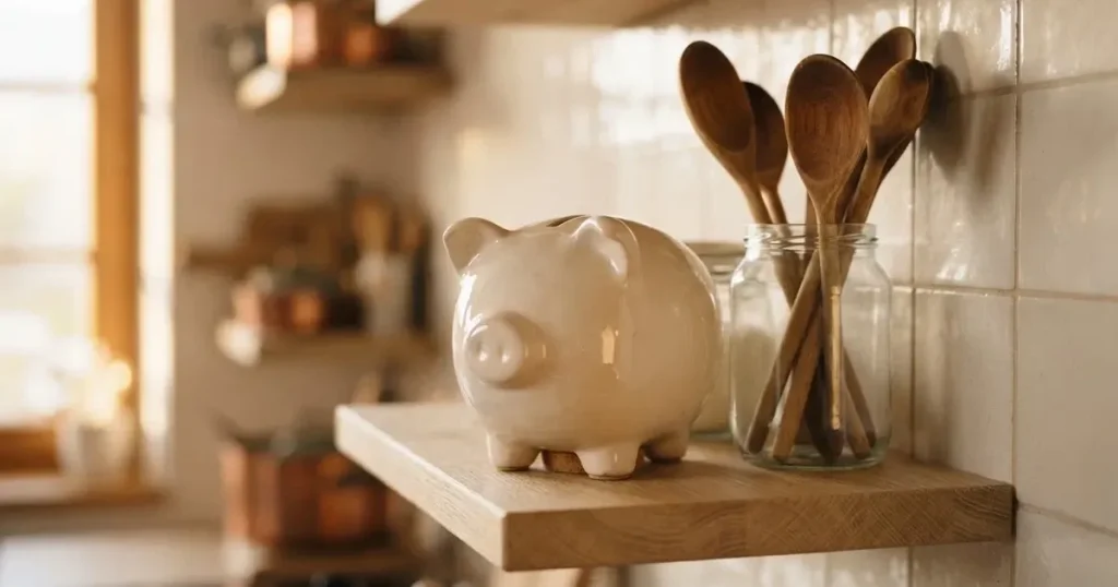 Ein Sparschwein aus Keramik steht auf einem Küchenregal neben einem Glas mit Holzlöffeln.