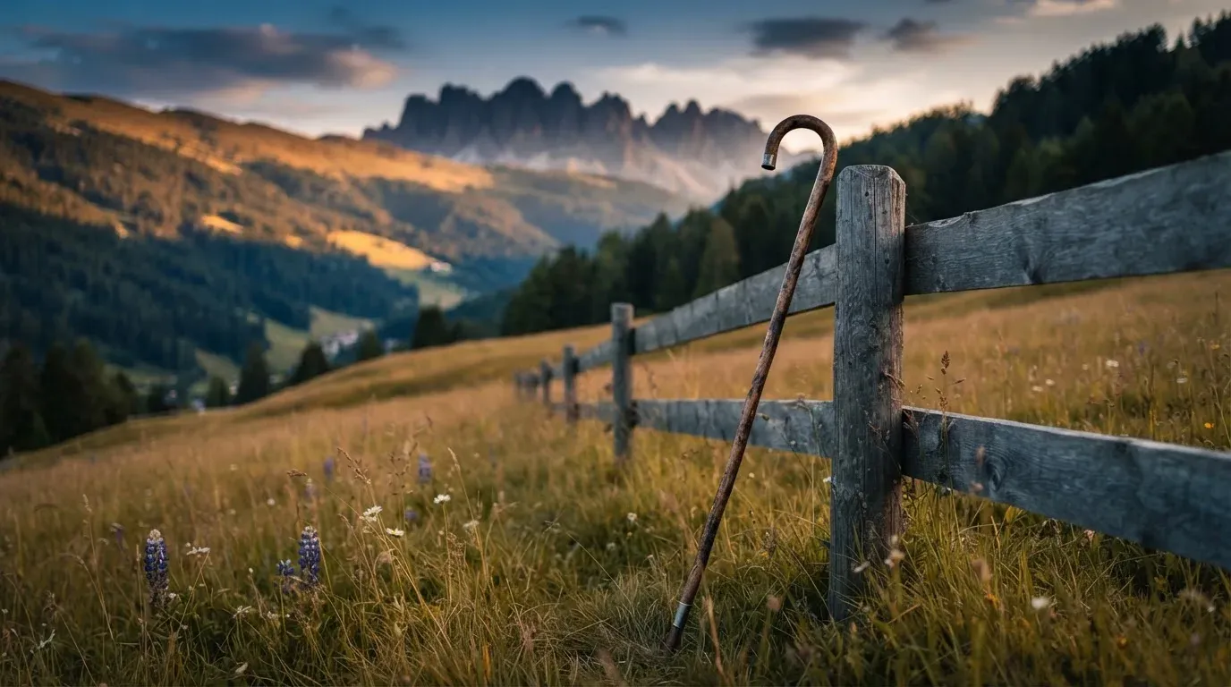 Ein Wanderstock lehnt an einem Gartenzaun, dahinter erstreckt sich eine ruhige Alpwiese im Abendlicht.