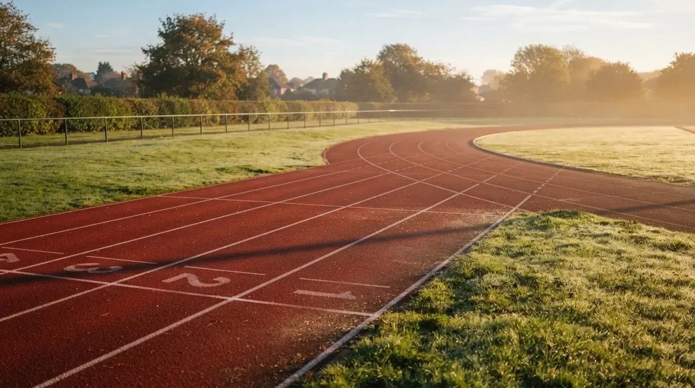 Eine leere Tartanbahn einer Leichtathletikanlage am frühen Morgen, Tau auf den Rasenflächen daneben und tiefstehende Sonne.
