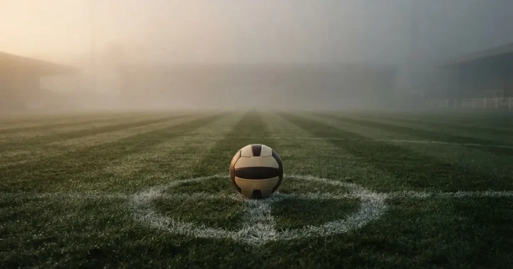 Ein Fussball liegt auf dem Anstosspunkt eines leeren Rasenplatzes im dichten Morgennebel.
