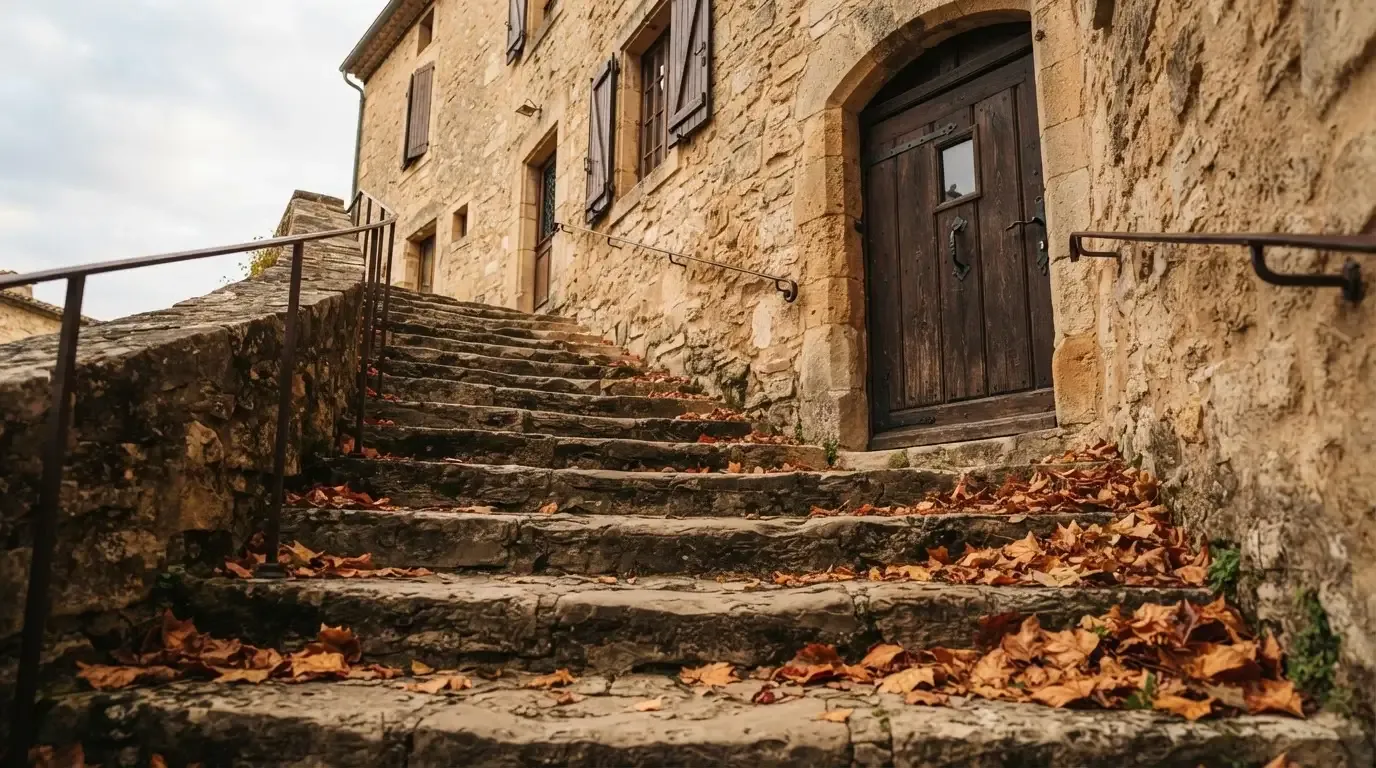 Eine Steintreppe mit Geländer führt zu einer hohen Holztür eines alten Gebäudes, Herbstlaub liegt auf den Stufen.