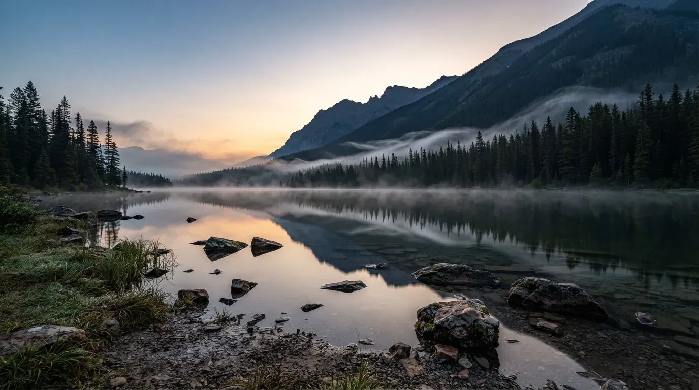 Ein ruhiger Bergsee mit Nebel am Ufer bei Sonnenaufgang, am Hang dahinter dunkle Tannen.