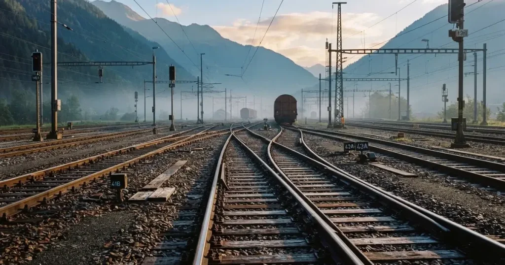 Ein Rangierbahnhof mit mehreren sich verzweigenden Gleisen und Weichen im Morgenlicht, in der Ferne steht ein Güterwagen.