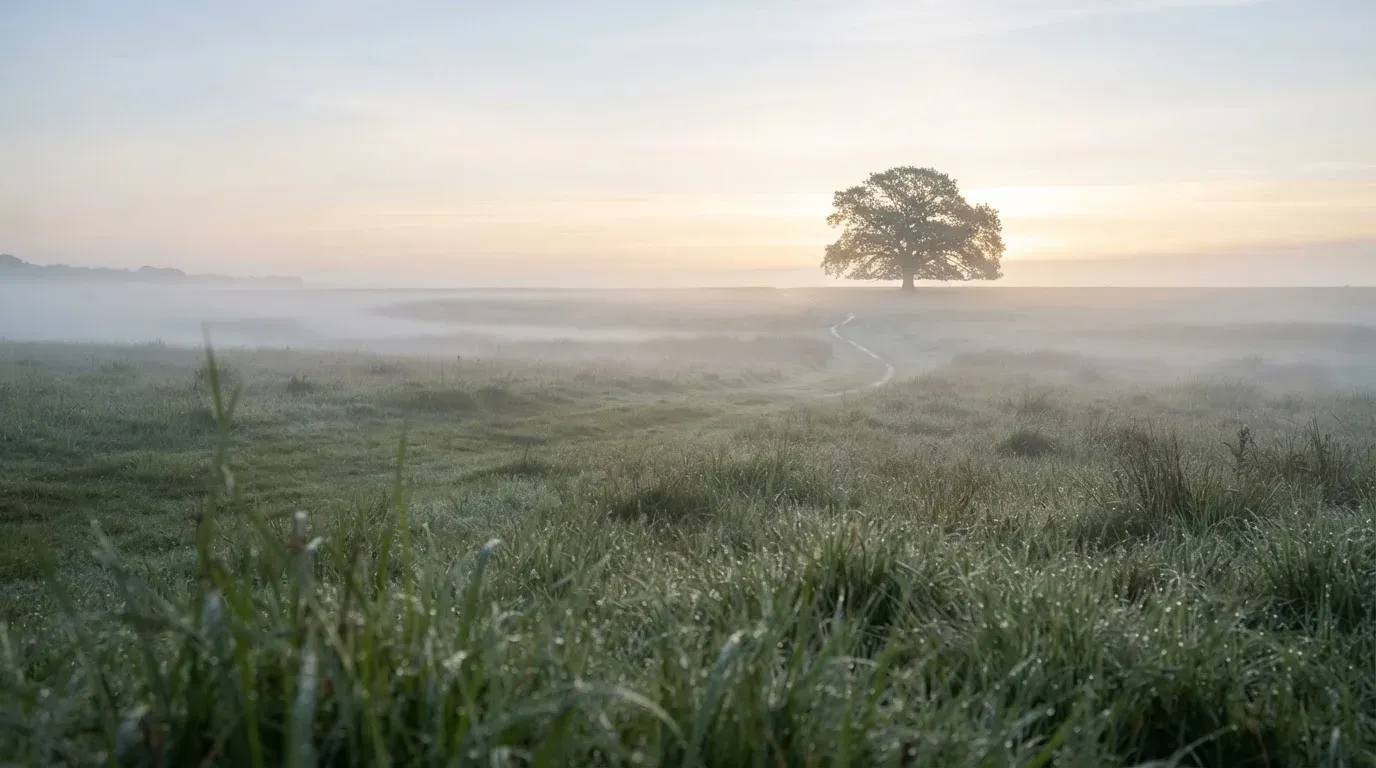 Eine Wiese mit Bodennebel am frühen Morgen, in der Ferne ein einzelner Baum vor hellem Horizont.