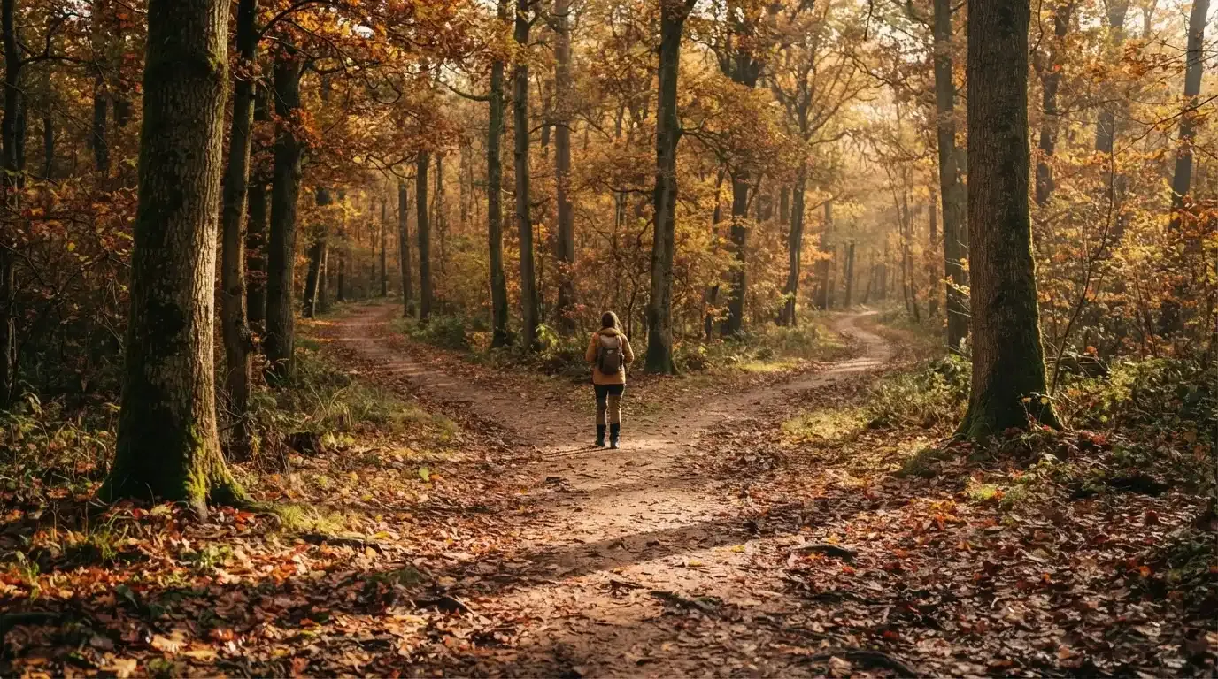 Eine Wegkreuzung im Wald, an der sich zwei Pfade im Herbstlicht gabeln, Laub bedeckt den Boden.
