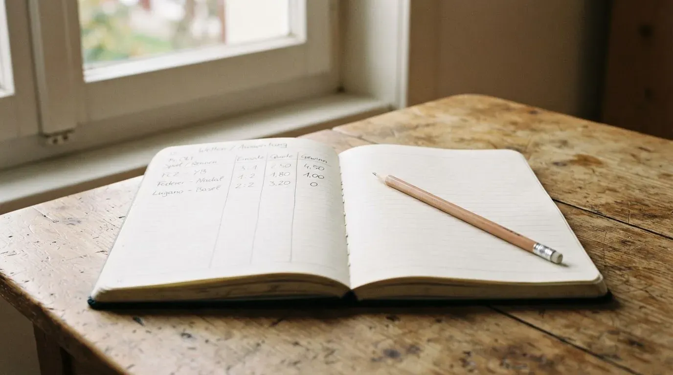 Ein aufgeschlagenes Notizbuch mit handschriftlichen Spalten und ein Bleistift liegen auf einem Holztisch neben einem Fenster.