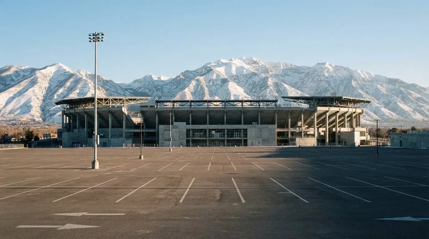 Hinter einem leeren Stadion ragen verschneite Berggipfel in den klaren Morgenhimmel, davor ein Parkplatz im ersten Sonnenlicht.