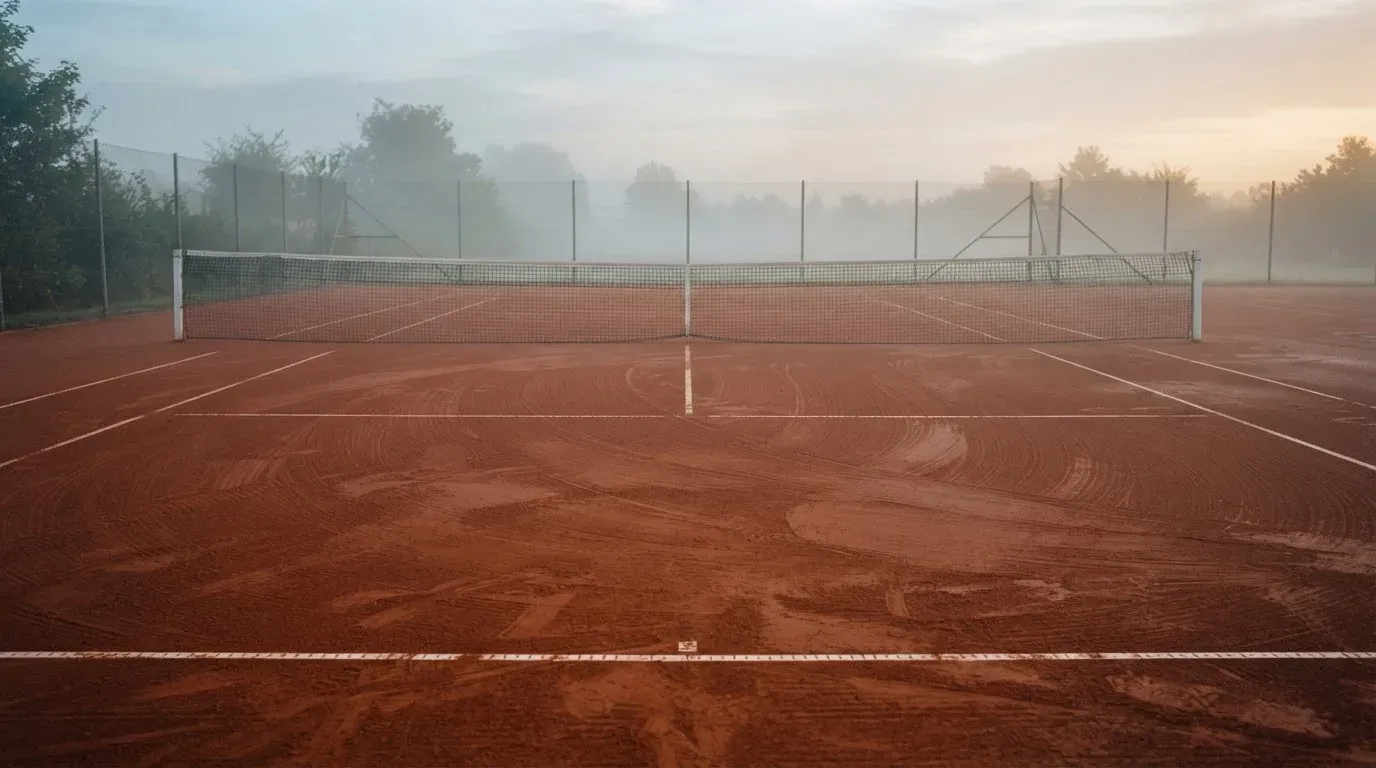 Ein Tennisplatz aus Sand liegt im Morgengrauen still da, Nebel hängt über der Grundlinie und dem aufgespannten Netz.