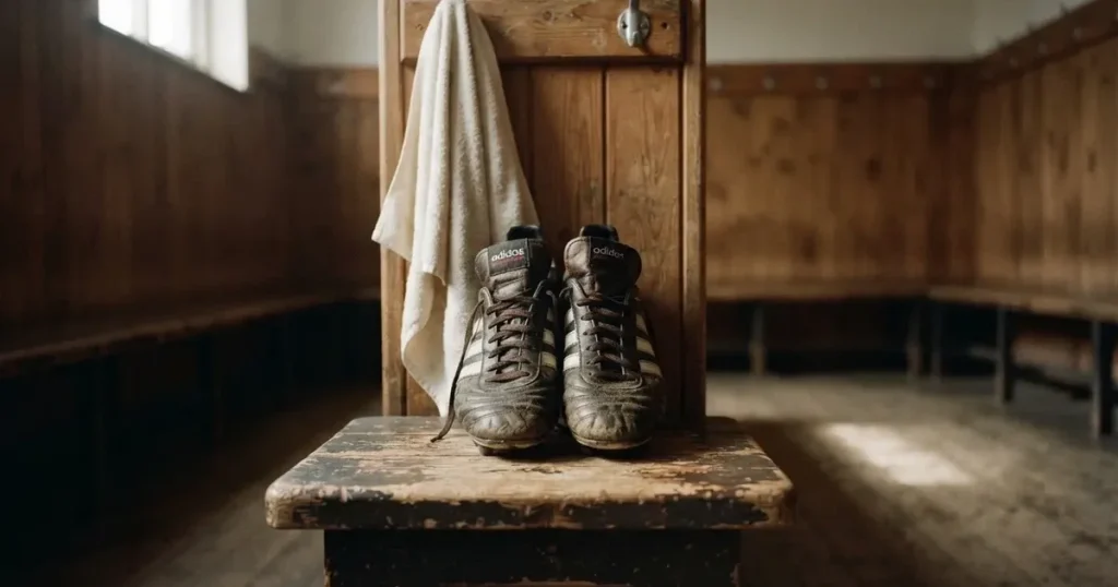Ein Paar Fussballschuhe steht auf einer Holzbank in einer leeren Umkleide, über der Bank hängt ein Handtuch.