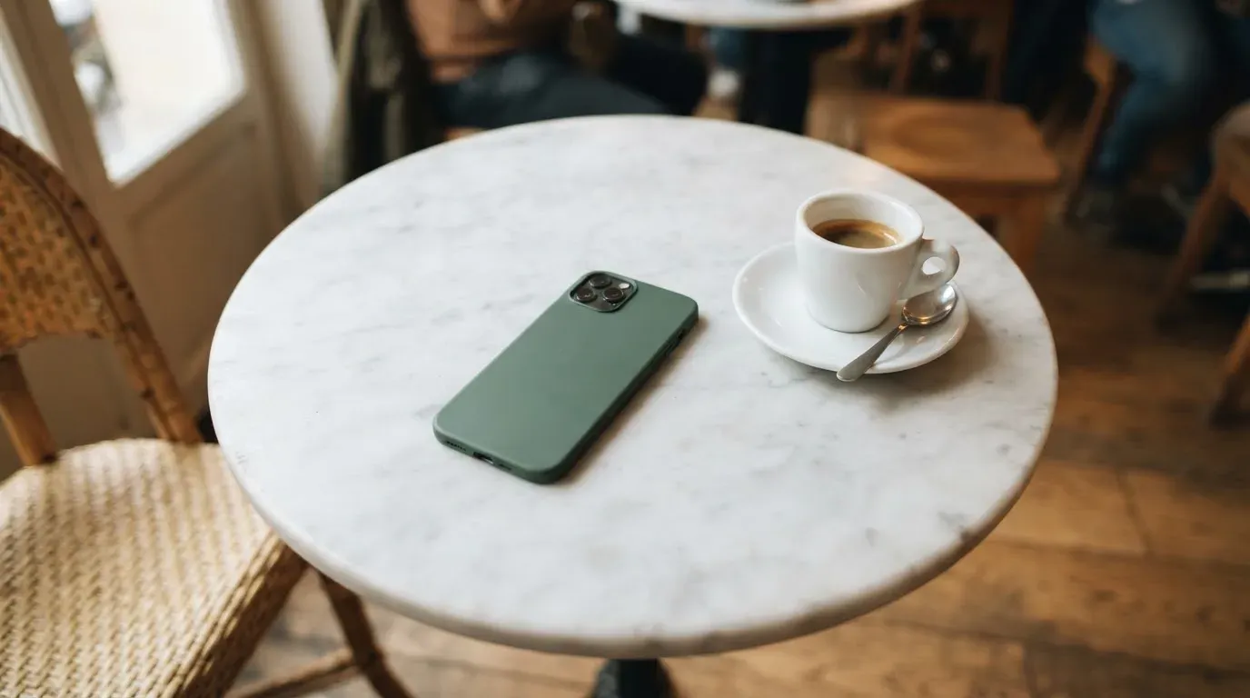 Ein Smartphone liegt mit der Rückseite nach oben auf einem Kaffeehaustisch neben einer Tasse und einem Löffel.